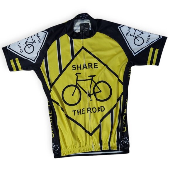 Share The Road Full Zip Black/Yellow Cycling Jersey Men Breathable Stretch L NWT - Picture 1 of 6